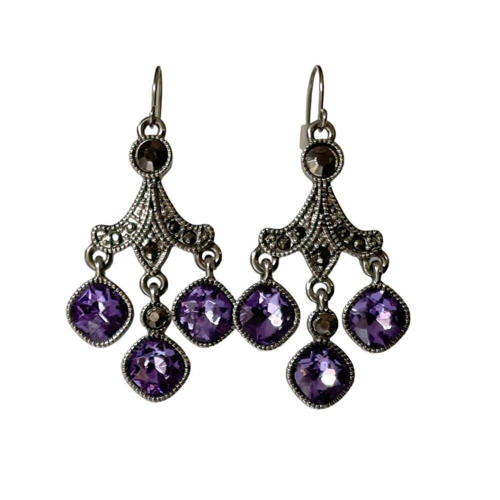 Retro Victorian Steel Cut Purple Rhinestone French Wire Drop Dangle Earrings